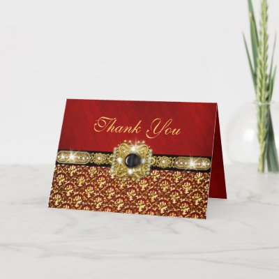 Damask 'thank you' black red gold greeting cards