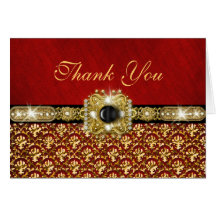 Damask "thank you" black red gold greeting cards