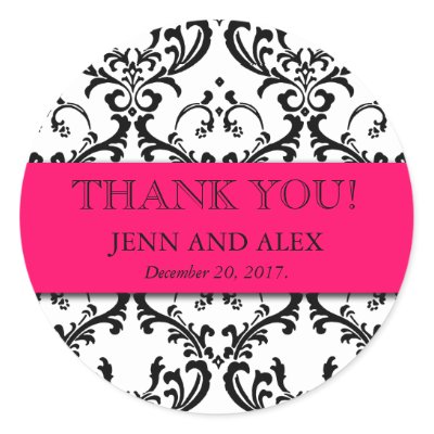 Damask Thank You Wedding Stickers Favours Hot Pink