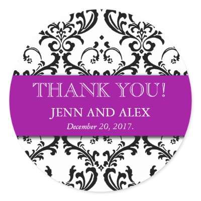 Damask Thank You Wedding Stickers Favours Purple