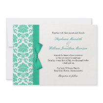 Damask Turquoise Bow Wedding Invitation