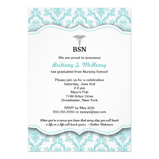 Damask Turquoise Nurse pinning graduation BSN RN Invites (front side)