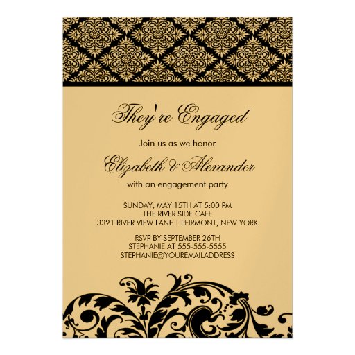 Damask Vintage Engagement Party Invitation Black