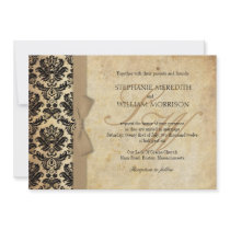 Damask Vintage Ivory Bow Wedding Invitation