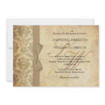 Damask Vintage Ivory Bow Wedding Invitation