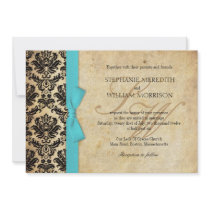 Damask Vintage Turquoise Bow Wedding Invitation