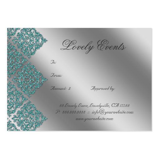 Damask Wedding Gift Registration Card Teal Blue Business Card Template (back side)