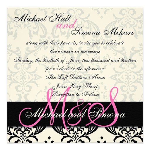 Damask Wedding Invitation Initials Names Pink