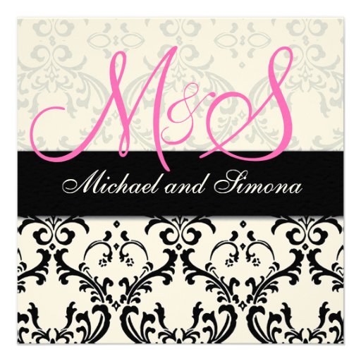 Damask Wedding Invitation Initials Names Pink