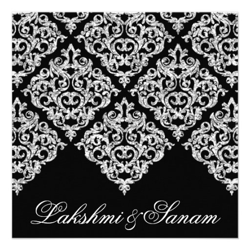 Damask Wedding Invite Diamond Sparkle Silver Lace