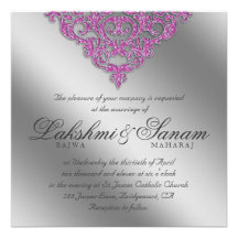 Damask Wedding Invite Sparkle Silver Pink 2