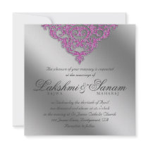 Damask Wedding Invite Sparkle Silver Pink 2