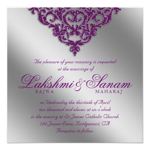 Damask Wedding Invite Sparkle Silver Purple