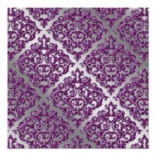Damask Wedding Invite Sparkle Silver Purple