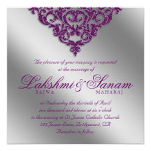 Damask Wedding Invite Sparkle Silver Purple 2