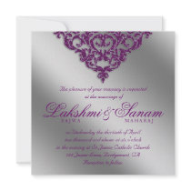 Damask Wedding Invite Sparkle Silver Purple 2