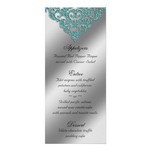 Damask Wedding Menu Cards Sparkle Teal Blue Full Color Rack Card