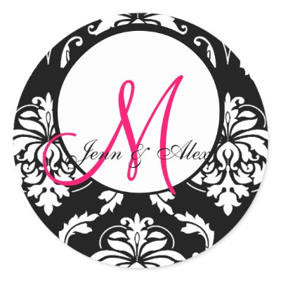 Damask Wedding Monogram Hot Pink Envelope Seals Round Sticker