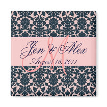 Damask Wedding Monogram Pink Navy Magnet