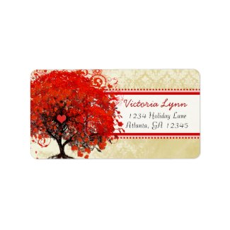 Damask Whimsical Heart Leafed Tree Red Pink Dots label