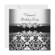 Damask White Black Birthday Party Announcement