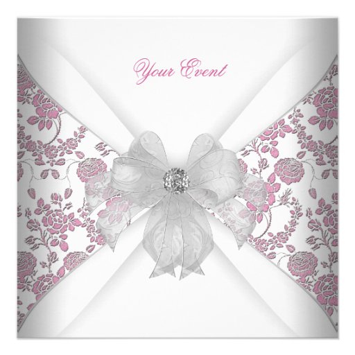 Damask White Pink Floral Jewel Bow Party Announcements