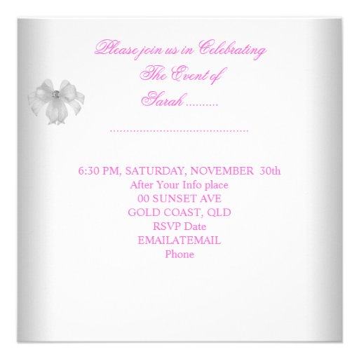 Damask White Pink Floral Jewel Bow Party Announcements