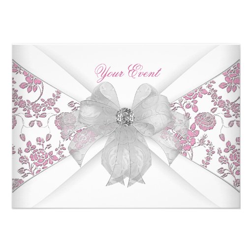 Damask White Pink Floral Jewel Bow Party Invitation