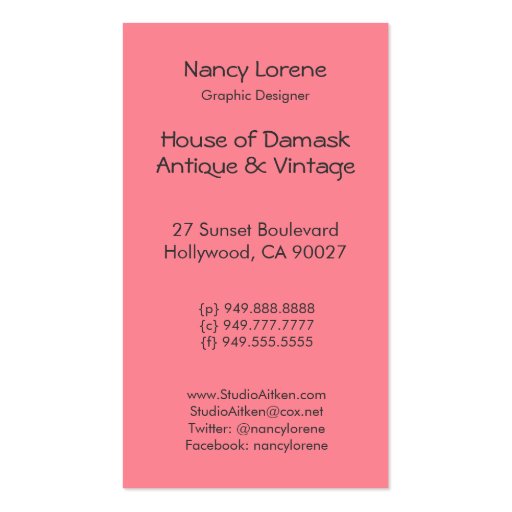 Damask Wildflowers, ANGEL'S CASTLE in Red & Pink Business Card Templates (back side)