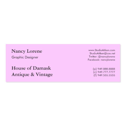 Damask Wildflowers, MADAM VALESKA in Pink Business Cards (back side)