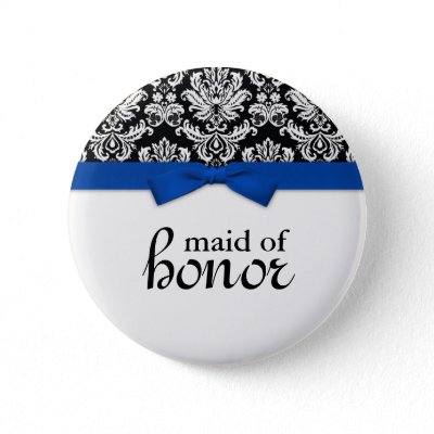 Damask With Blue Bow Maid of Honor Button