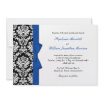 Damask With Blue Bow Wedding Invitation