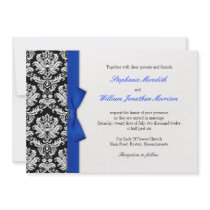 Damask With Blue Bow Wedding Invitation