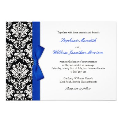 Damask With Blue Bow Wedding Invitation