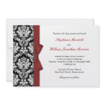 Damask With Burgundy Bow Wedding Invitation