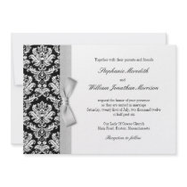 Damask With Gray Silver Bow Wedding Invitation