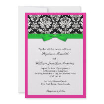 Damask With Green and Pink Wedding Invitation