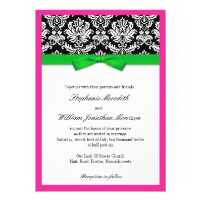 Damask With Green and Pink Wedding Invitation