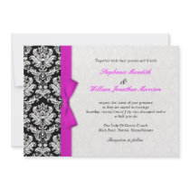 Damask With Hot Pink Bow Wedding Invitation