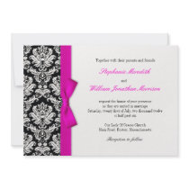 Damask With Hot Pink Bow Wedding Invitation