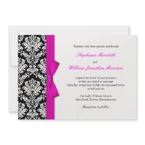 Damask With Hot Pink Bow Wedding Invitation invitation