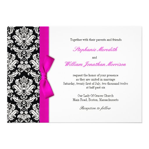 Damask With Hot Pink Bow Wedding Invitation