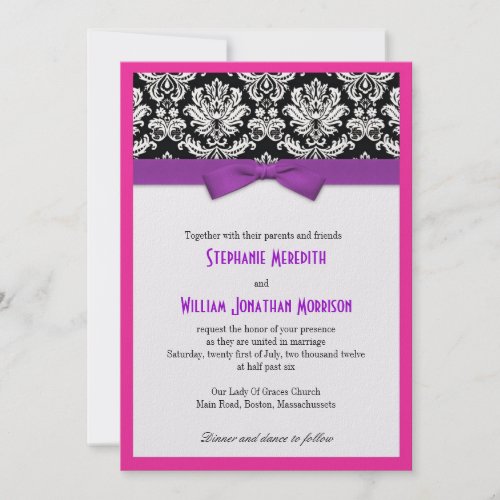 Damask With Purple Bow and Pink Wedding Invitation invitation