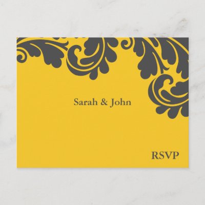Damask Yellow and Grey Wedding RSVP Post Card by Cards by Cathy