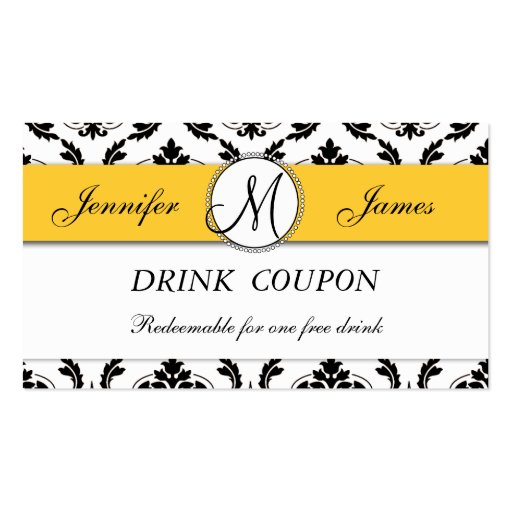 Damask Yellow Wedding Free Drink Coupon Card Business Card (front side)