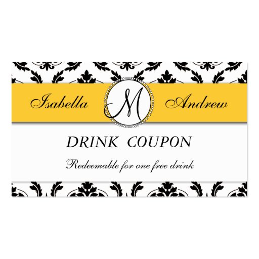 Damask Yellow Wedding Free Drink Coupon Card Business Card Templates (front side)