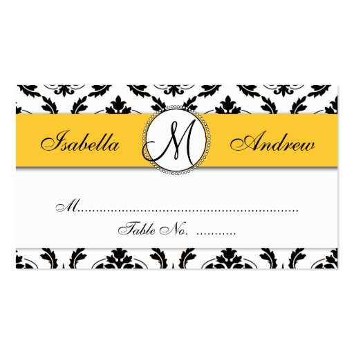 Damask Yellow Wedding Reception Place Card Business Cards (front side)