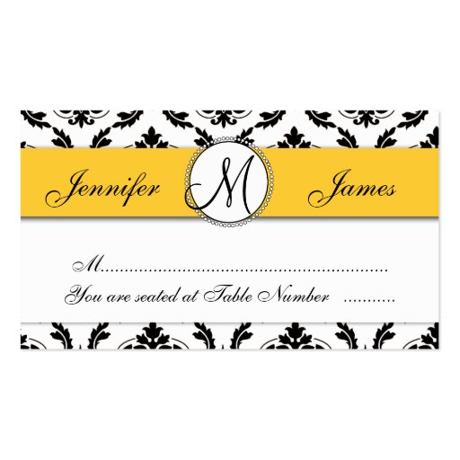 Damask Yellow Wedding Reception Table Escort Card Business Card Templates (front side)