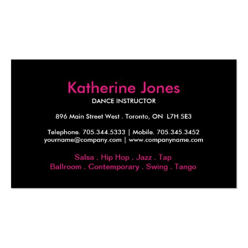 Dance Instructor Business Car Business Card Templates (back side)