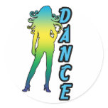 Dance shows one lady with long hair round sticker
